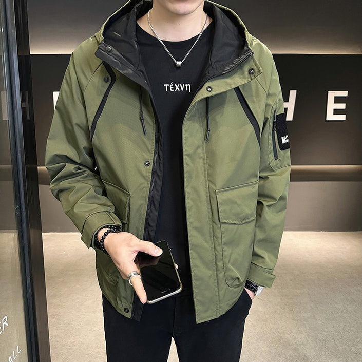 “Men’s Fashionable Short Hooded Work Jacket Outerwear, Trendy All-match Clothes