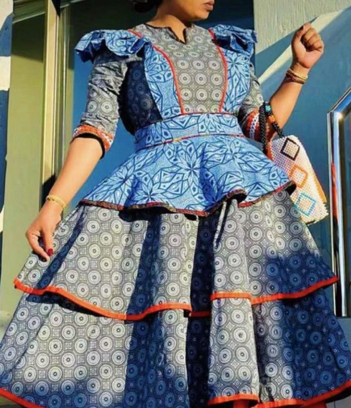 Traditional Dress with Geometric Pattern, Peplum Waist, and Tiered Skirt