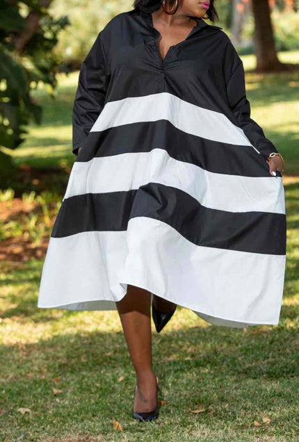 Long-Sleeve Button-Up Collared Dress with Horizontal Stripes and Flared Skirt