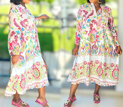 Women's Bohemian Long Sleeve Floral Print Dress, Floral Pattern