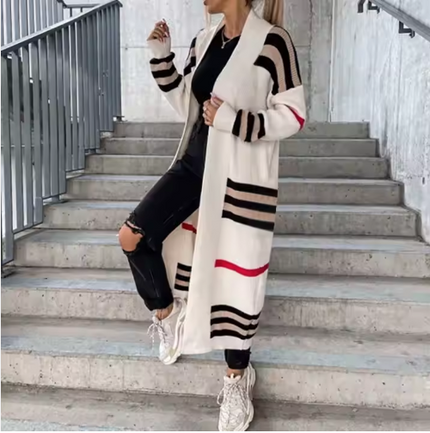 Women's Long Striped Knitted Cardigan with Open Front and Ribbed Edges