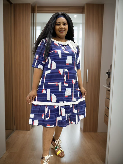 Blue Abstract Print Collared Dress with Stylish Minimalist Design