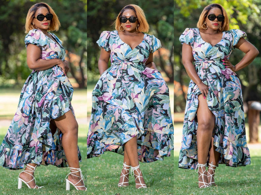Floral Print V-Neck A-Line Dress with Flutter Sleeves and Ruffled High-Low Hem