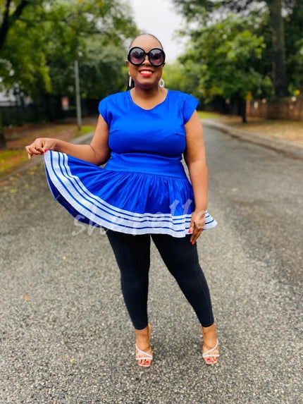 V-Neck Short Sleeve Top with Flared Hemline and Stripe Detail