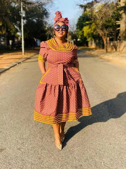 Patterned Flare-Skirt Traditional Dress with Ruffled Hem and Matching Headwrap