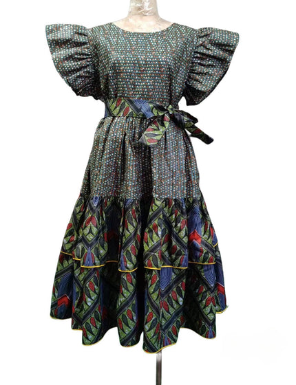 Geometric Patterned Traditional Dress with Puffed Sleeves and Pleated Flared Skirt