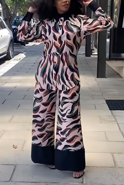 Two-piece loose long-sleeve shirt and wide-leg pants set, abstract wave pattern design
