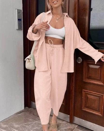 Loose Fit Button-Up Shirt and Drawstring Waist Trousers Two-Piece Set