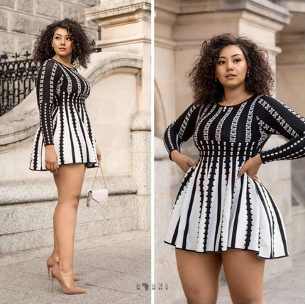 Women's Knitted Geometric A-line Dress with Symmetrical Patterns and Slim Fit Design