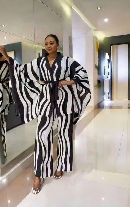 Women's Wavy Striped Kimono-Style Top and Wide-Leg Pants Set