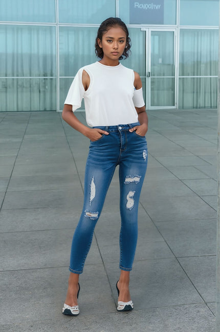 Women's Skinny Distressed Jeans with Ripped Details and Slim-Fit Design