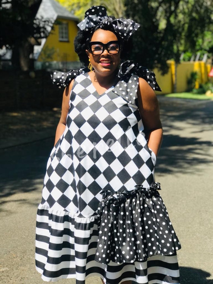 Checkered Bow-Waist Mid-Length Dress with Polka Dot Accents