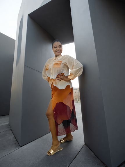 Long Split Shirt Dress, Mountain Pattern, Button Design