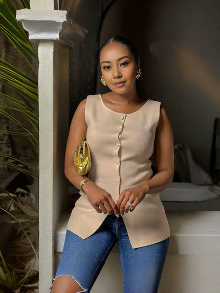 Stylish Sleeveless Button-Up Top - Front Split Hem