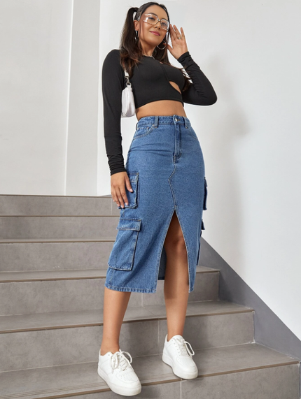 High Waist Split Denim Skirt