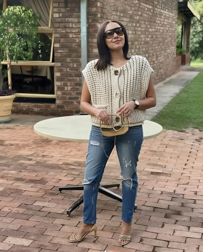 Sleeveless Knitted Vest with Refined Textured Pattern, Functional Front Pockets and Button Accents