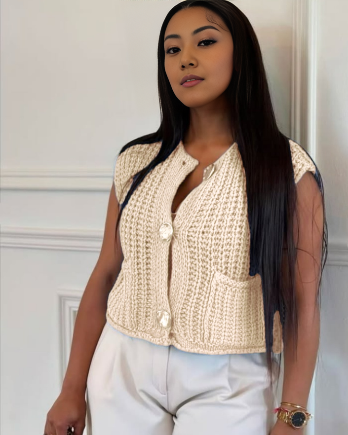 Sleeveless Knitted Vest with Refined Textured Pattern, Functional Front Pockets and Button Accents