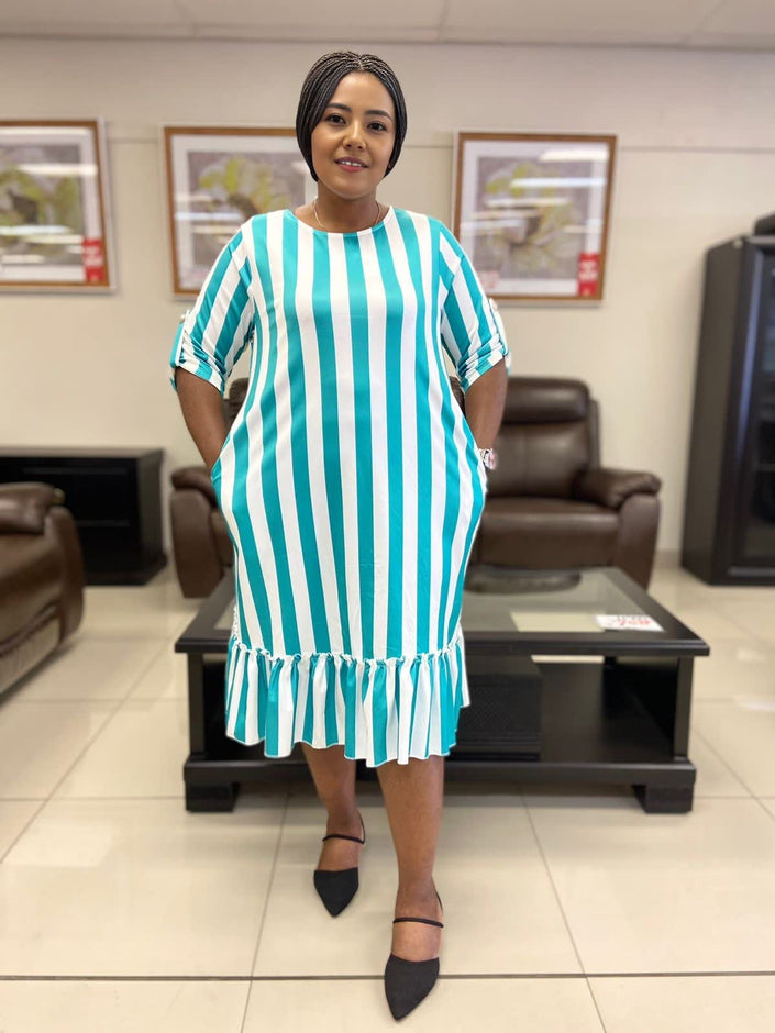 Vertical Striped 3/4 Sleeve Ruffle Hem Dress