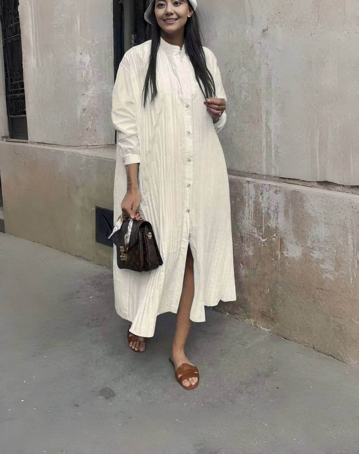 Women's Long Loose Shirt Dress with Simple Button Design and Stand Collar