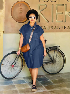 Denim Short Sleeve Dress with Front Pockets, Button-Front Closure, Loose Casual Fit