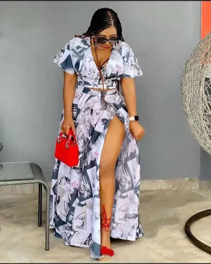Women's Two-Piece Set - High Slit Printed Long Skirt with Fashionable V-Neck Short Sleeve Top