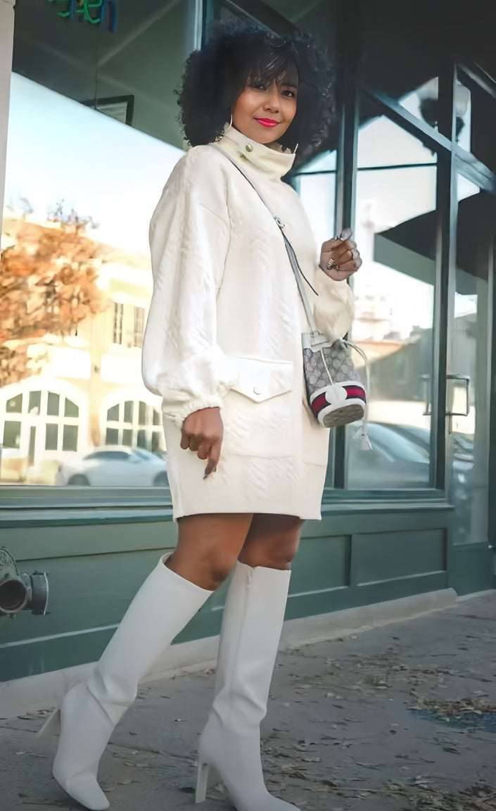 Women's Long Sleeve Turtleneck Dress with Pocket Flap Detail and Textured Finish