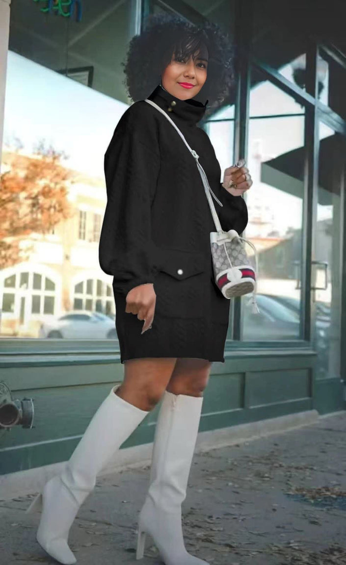 Women's Long Sleeve Turtleneck Dress with Pocket Flap Detail and Textured Finish