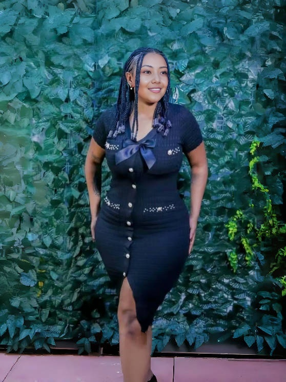 Knitted Dress with Bow Decoration and Button Design