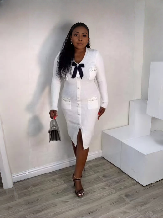 Knitted Dress with Bow Decoration and Button Design