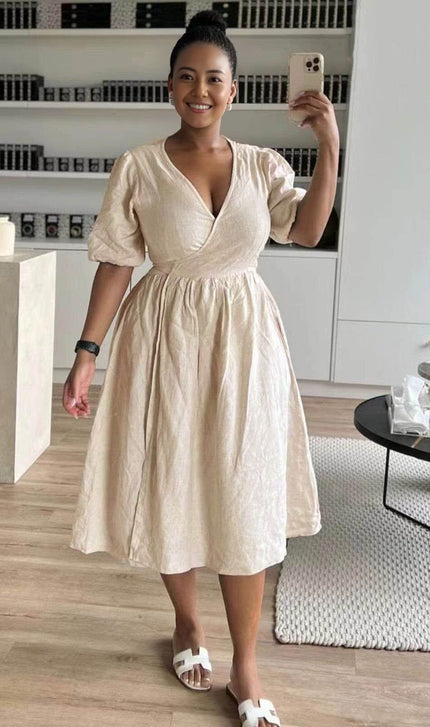 Wrap Dress, V-neck Puff Sleeve Design, Waist Tightening, Loose Skirt