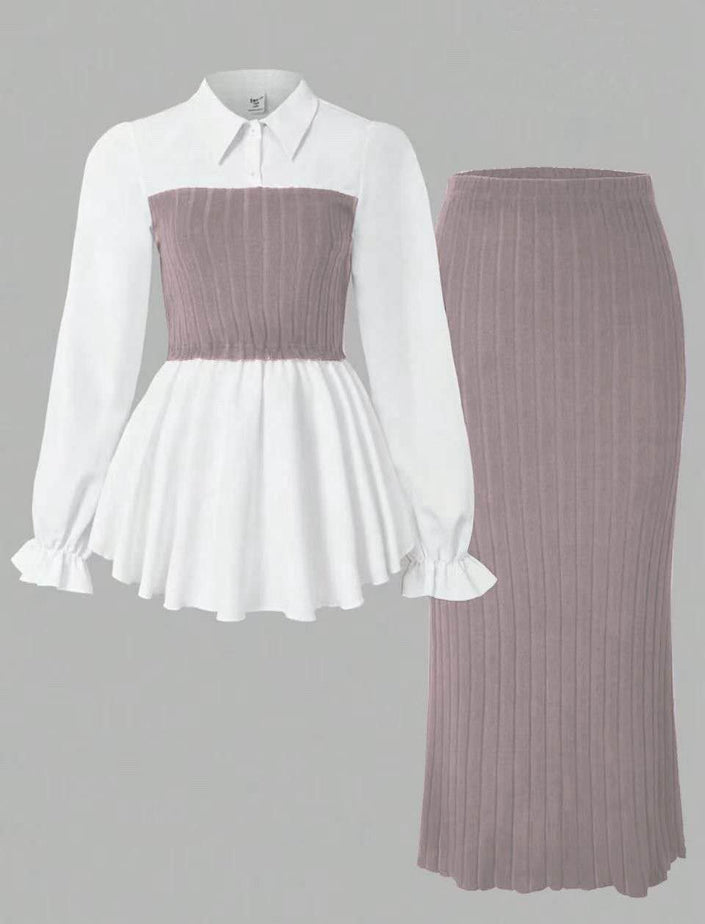 Contrast Waist Patch Blouse with High-Waisted Ribbed Skirt Two-Piece Set