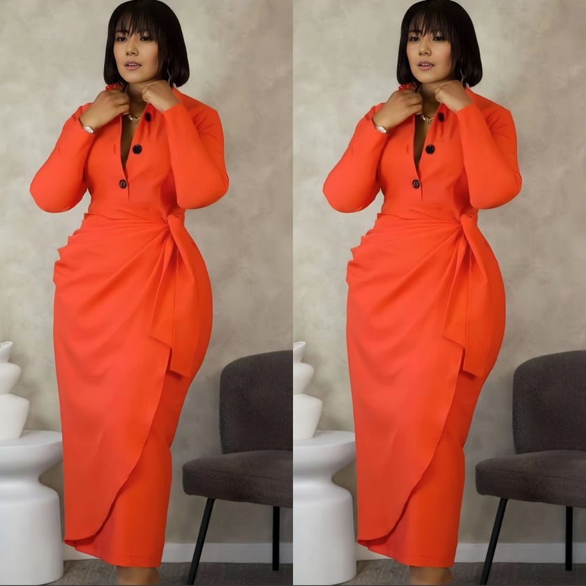 Elegant Long Sleeve Dress with Button Detail and Bow Accent