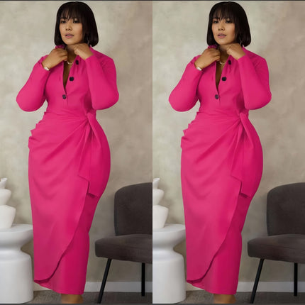 Elegant Long Sleeve Dress with Button Detail and Bow Accent