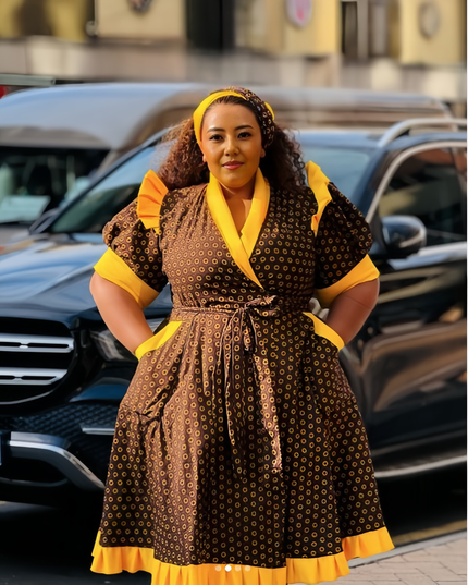 Retro Polka Dot Ethnic Dress - Ruffled Cuffs and Hem Design with Waist Belt