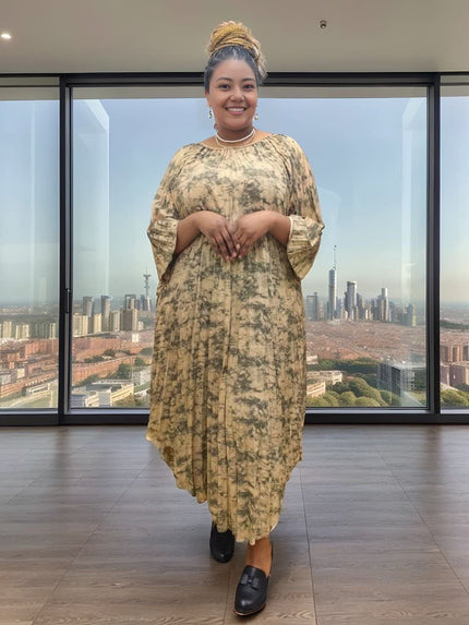 Loose Long Dress with Abstract Print Pattern, Suitable for Daily Wear