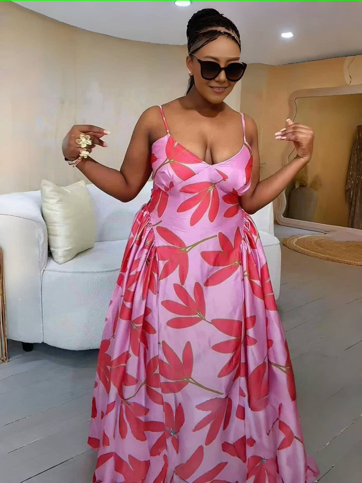 Women's Sleeveless Spaghetti Strap Maxi Dress with Red Leaf Pattern, Loose Fit and Flared Design