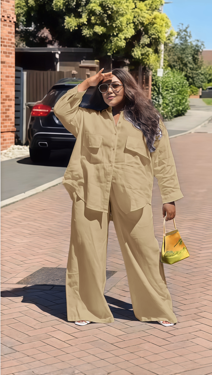 Loose Long Sleeve Utility Shirt and High Waist Wide Leg Pants Set