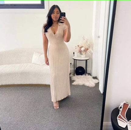 V-Neck Ribbed Knit Maxi Dress with Short Sleeves