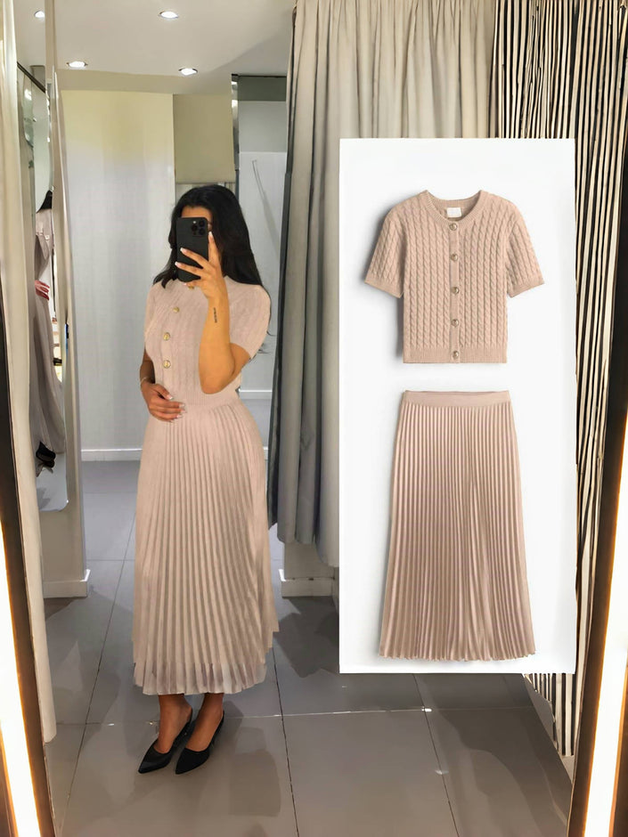 Women's Knitted Two-Piece Set: Short-Sleeve Cardigan with Gold Button Details and Pleated Long Skirt