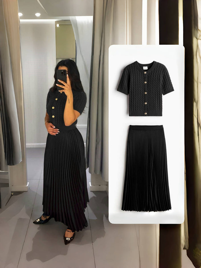 Women's Knitted Two-Piece Set: Short-Sleeve Cardigan with Gold Button Details and Pleated Long Skirt