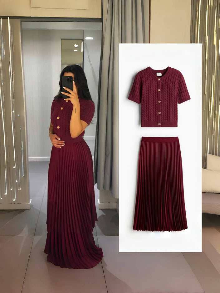 Women's Knitted Two-Piece Set: Short-Sleeve Cardigan with Gold Button Details and Pleated Long Skirt