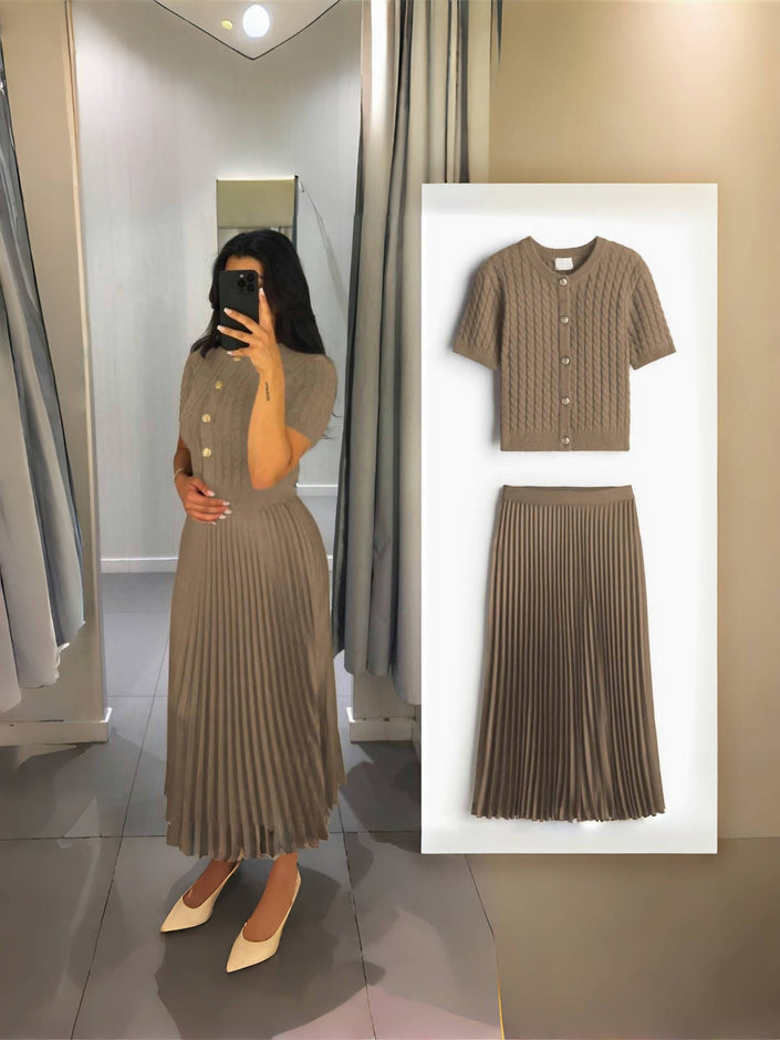 Women's Knitted Two-Piece Set: Short-Sleeve Cardigan with Gold Button Details and Pleated Long Skirt