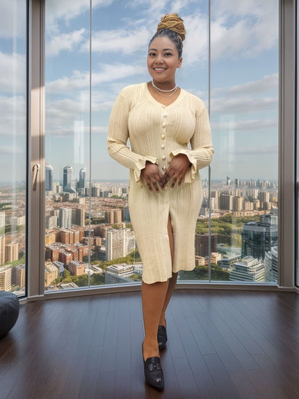 Knitted Long-Sleeve Cardigan Dress with Button Decoration and Front Slit