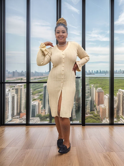 Knitted Long-Sleeve Cardigan Dress with Button Decoration and Front Slit