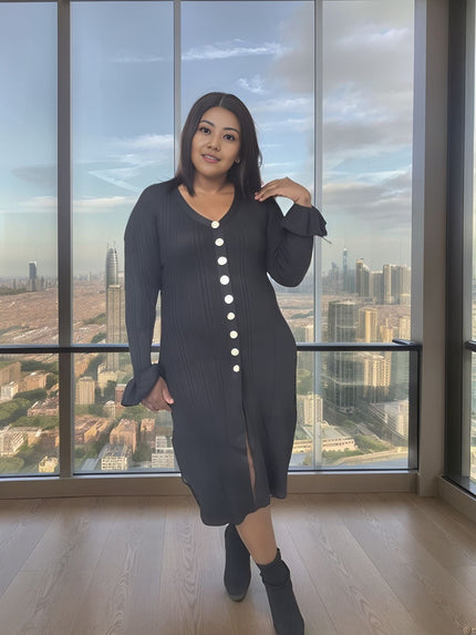 Knitted Long-Sleeve Cardigan Dress with Button Decoration and Front Slit