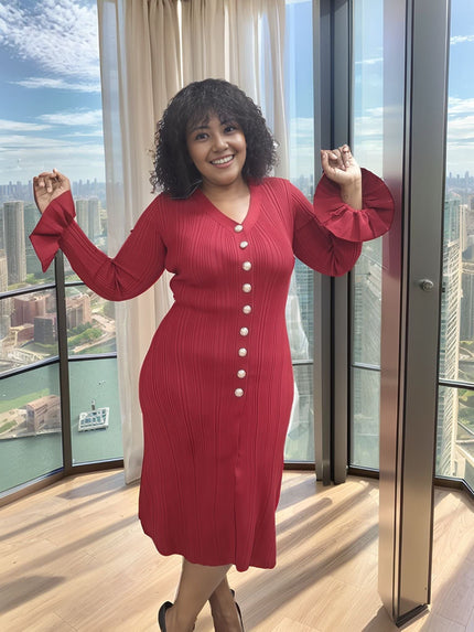 Knitted Long-Sleeve Cardigan Dress with Button Decoration and Front Slit