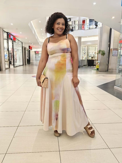 Multi-Color Gradient Thin Strap Fitted Long Dress with Flowing Wide Skirt