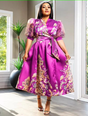 Gorgeous Floral Print Puff Sleeve Midi Dress