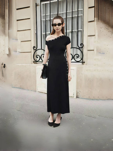 One-Shoulder Knitted Dress with Side Button Trim