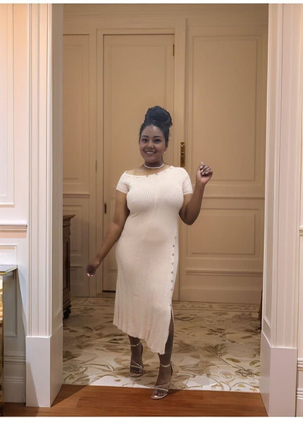 One-Shoulder Knitted Dress with Side Button Trim